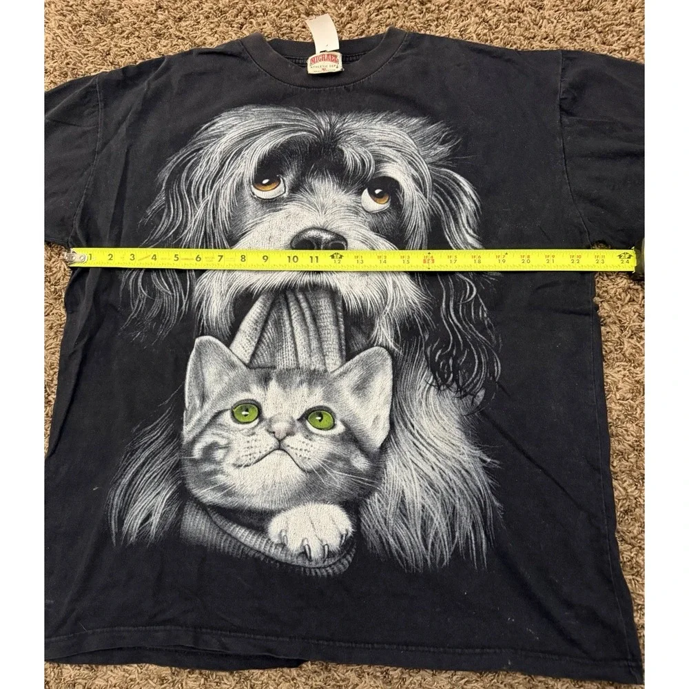 Vintage Y2K Michael Athletic Dept Dog And Cat T-Shirt Black Double Sided Sz XL